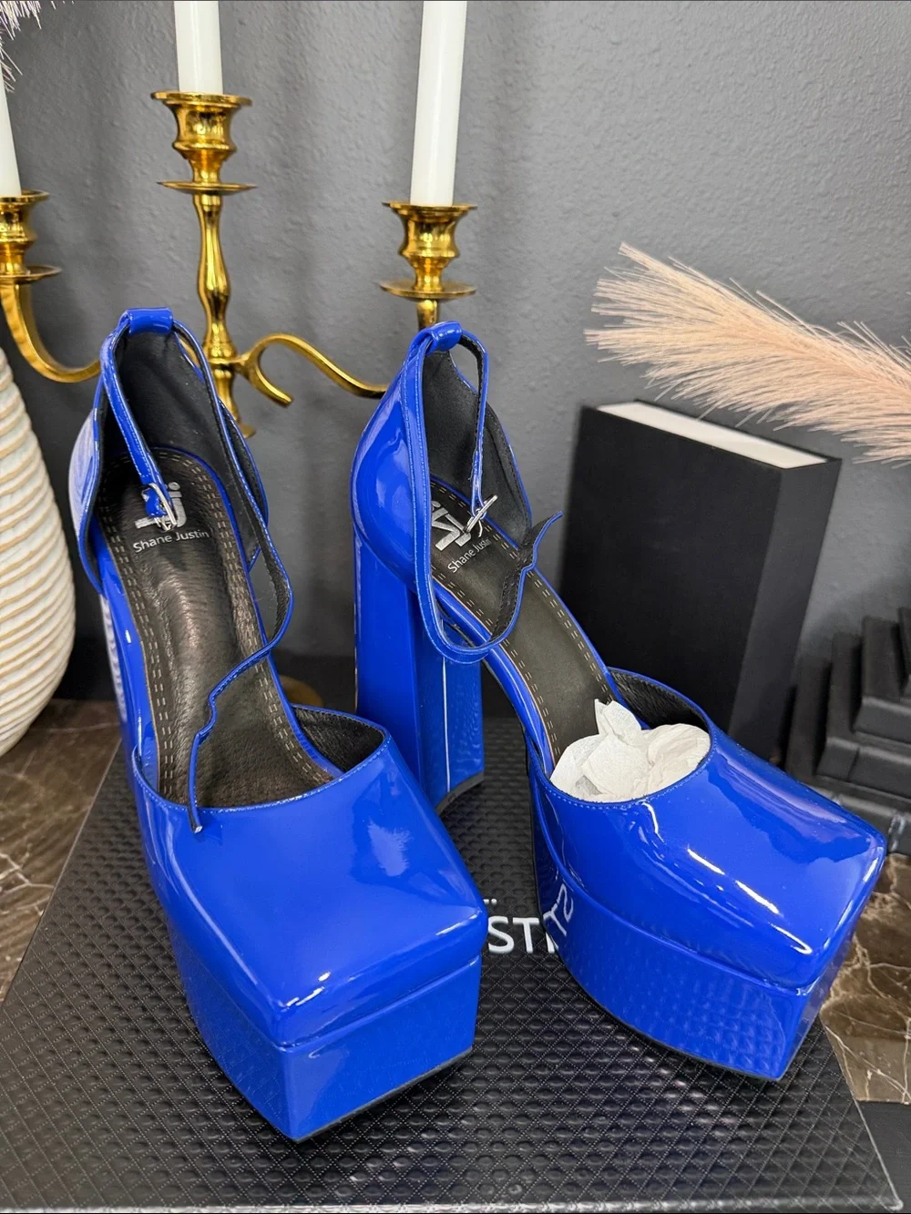 Shane Jones Cobalt Patent Platform Pumps with Ankle Tie